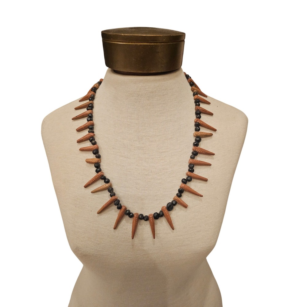 Vintage Tribal Spiked Clay Beaded Necklace Brown Black Boho Statement Ethnic